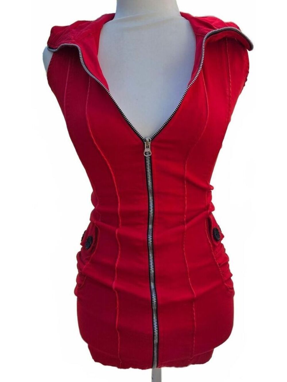 Vibrant Red Full Zip Hooded Vest Dress Y2K Utilitarian Streetwear Mini Dress